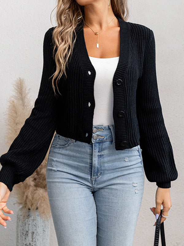 Long Sleeves Loose Buttoned Solid Color V-Neck Cardigan Tops