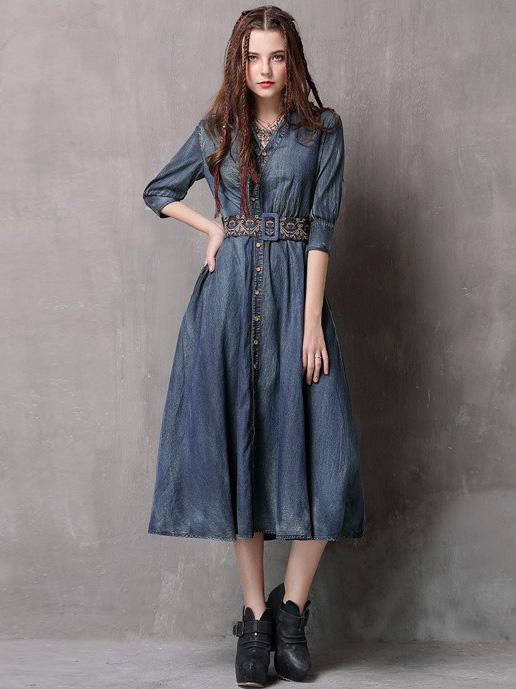 Vintage Embroidered Cropped Denim Dress