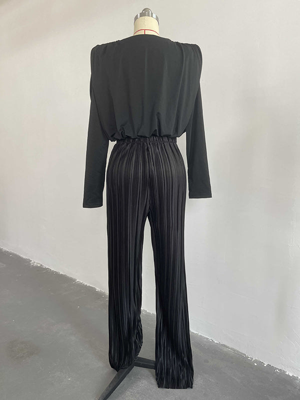 Long Sleeves Elasticity Pleated Solid Color Round-Neck Shirts Top + High Waisted Pants Bottom Two Pieces Set