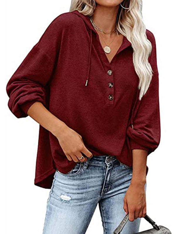 Loose Casual 7 Colors Buttoned Drawstring Hooded V-Neck Long Sleeves Hoodies