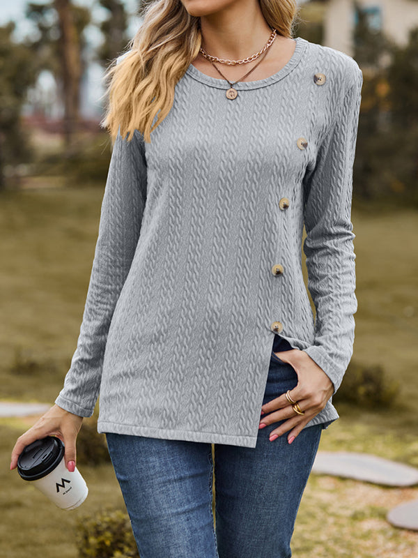 Long Sleeves Loose Buttoned Split-Front Round-Neck T-Shirts Tops