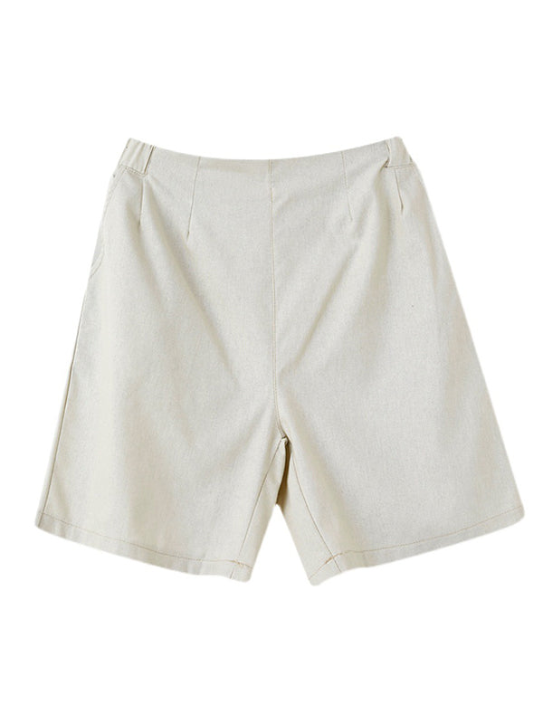 Simple Loose Casual Solid Color Linen Wide Leg Shorts