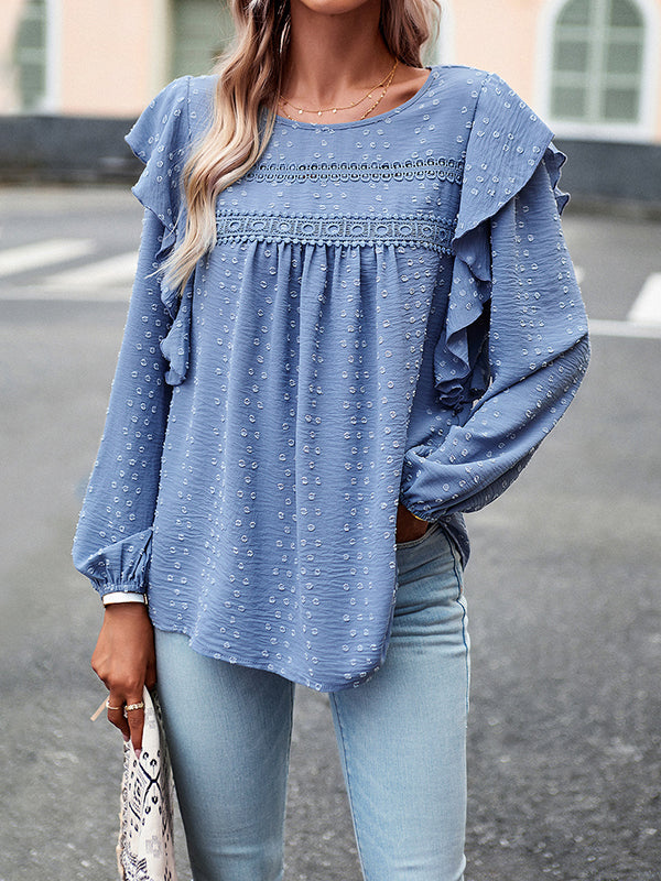 Loose Puff Sleeves Hollow Jacquard Solid Color Split-Joint Round-Neck T-Shirts