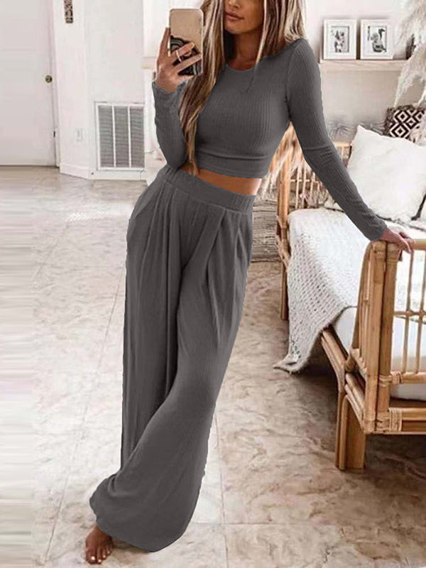 Plus Size Solid Color Round-Neck Long Sleeves Shirts Top + Pants Bottom Two Pieces Set