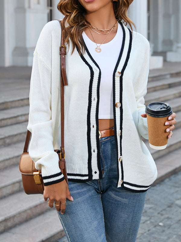 Long Sleeves Loose Contrast Color Split-Joint V-Neck Cardigan Tops