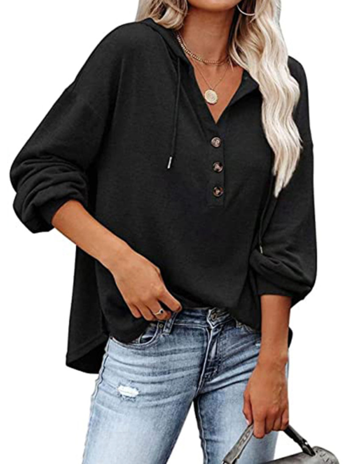 Loose Casual 7 Colors Buttoned Drawstring Hooded V-Neck Long Sleeves Hoodies