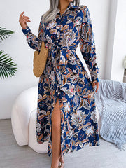 Long Sleeves Buttoned Flower Print Tied Waist Lapel Maxi Dresses