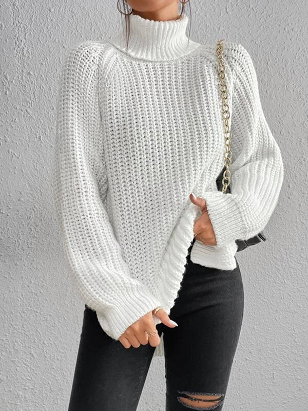 Long Sleeves Loose Solid Color Split-Side High Neck Pullovers Sweater Tops