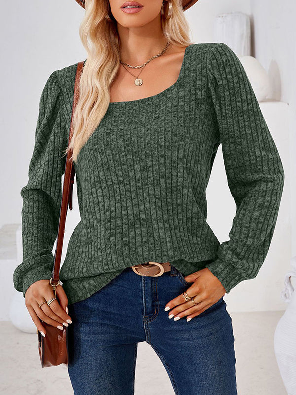 Long Sleeves Loose Solid Color Square-Neck T-Shirts Tops