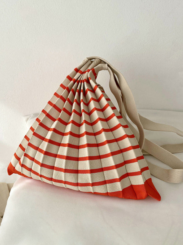 Contrast Color Pleated Striped Woven Handbag