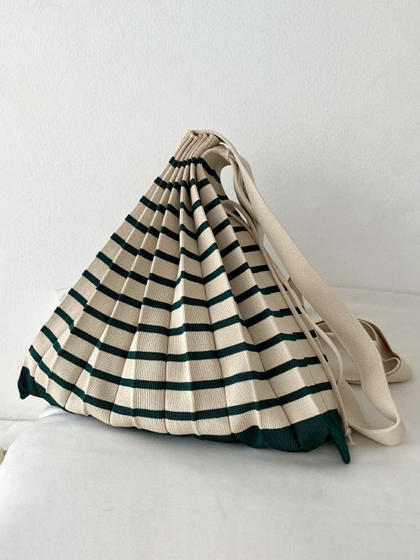 Contrast Color Pleated Striped Woven Handbag