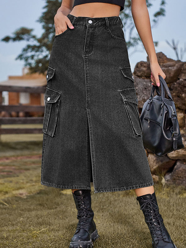 A-Line Loose Pockets Split-Front Split-Joint Denim Skirts