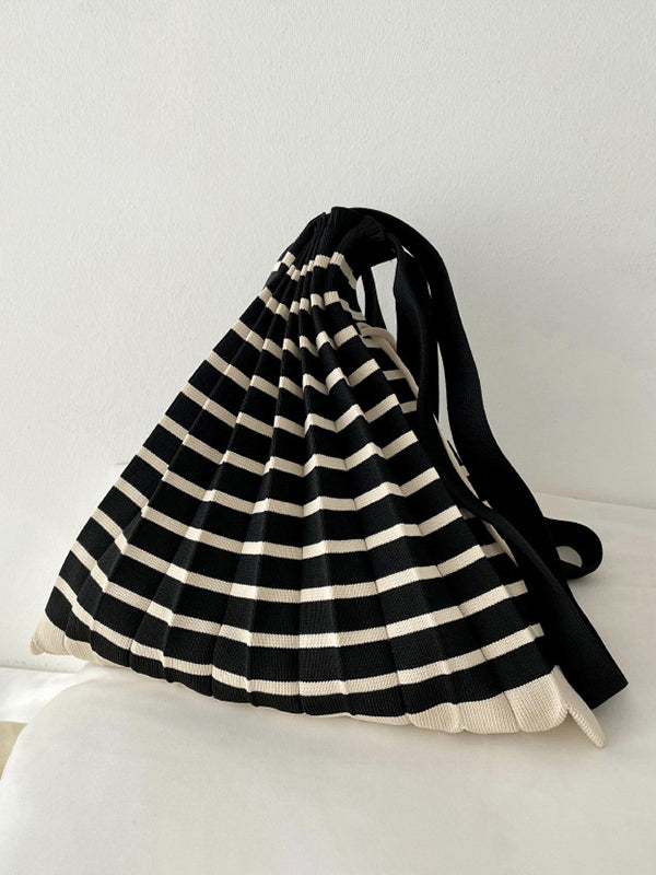 Contrast Color Pleated Striped Woven Handbag