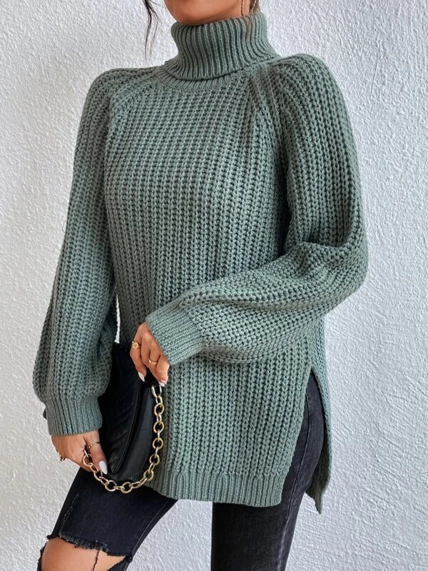 Long Sleeves Loose Solid Color Split-Side High Neck Pullovers Sweater Tops