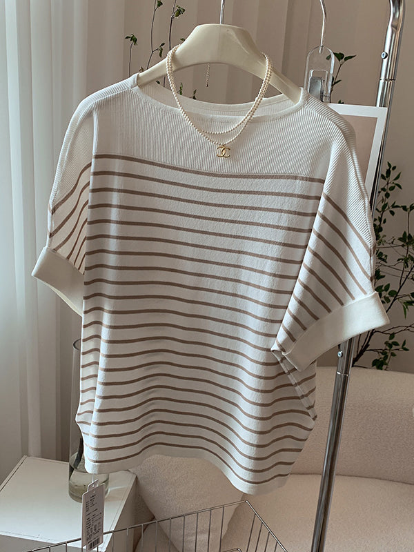 Urban Batwing Sleeves Loose Contrast Color Striped Knitting T-Shirt