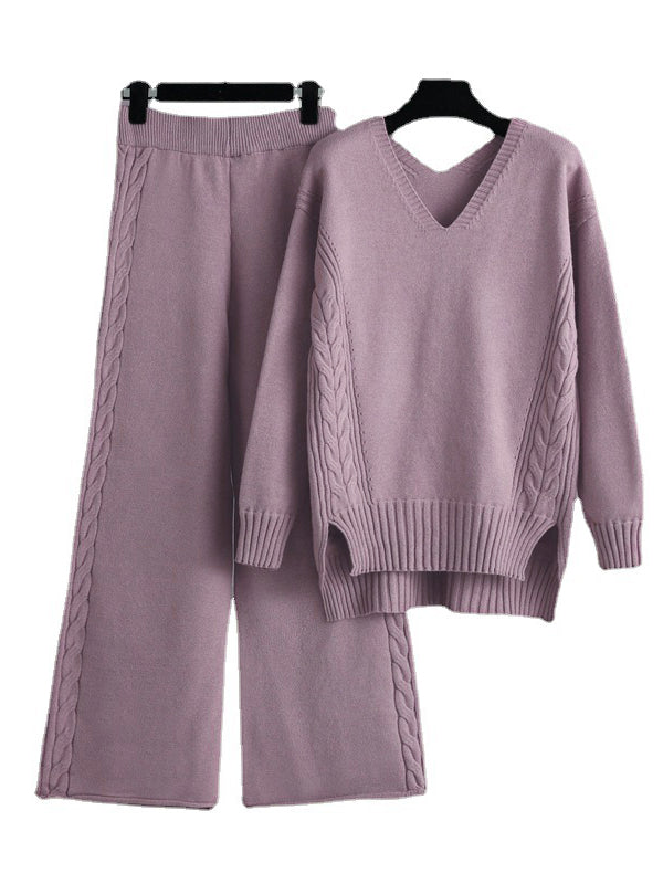 Stylish Loose Long Sleeves Solid Color V-Neck Sweater Tops& Wide Leg Pants Two Pieces Set