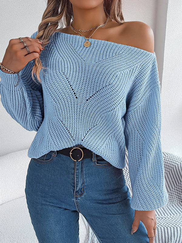 Loose Puff Sleeves Solid Color Split-Joint Round-Neck Sweater Tops