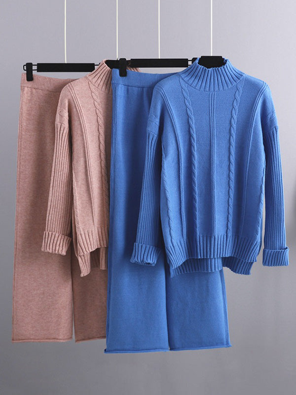 Loose Long Sleeves Split-Side Solid High-Low Half Turtleneck Sweater Tops & Wide Leg Pants Two Pieces Set