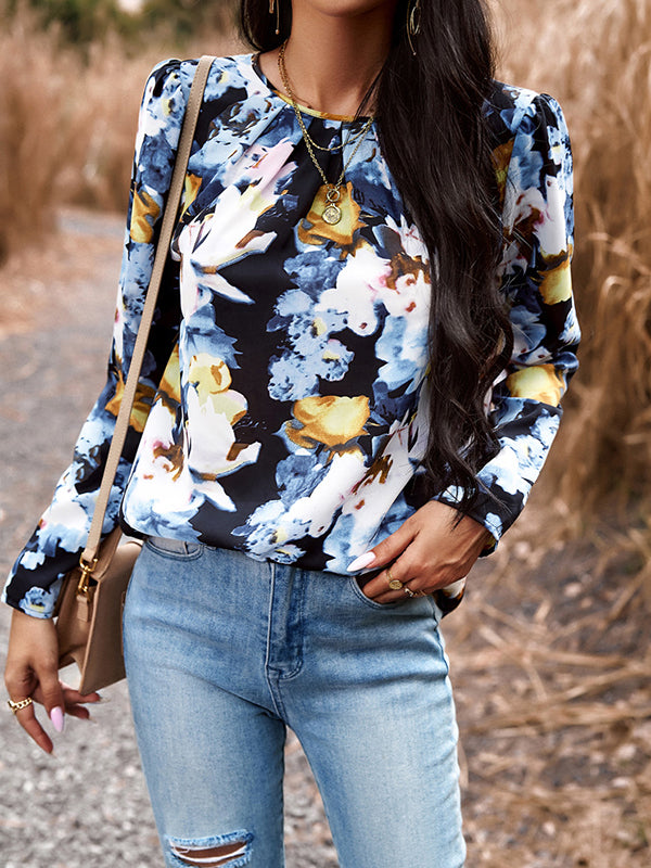 Long Sleeves Loose Flower Print Pleated Round-neck Shirts Tops