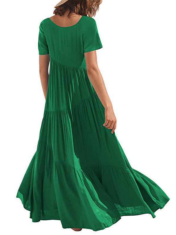 Casual Short Sleeves Loose Solid Color Round-Neck Maxi Dresses