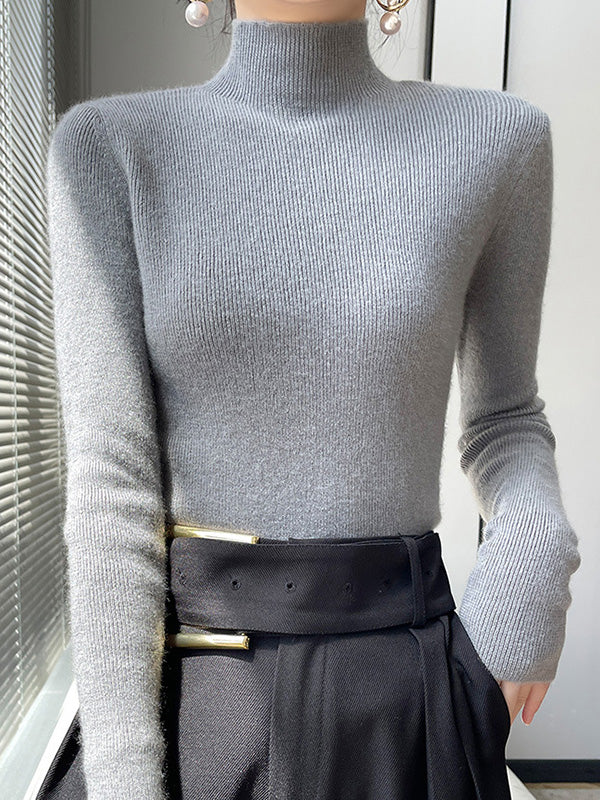 Casual Skinny Long Sleeves Solid Color Half Turtleneck Sweater Tops