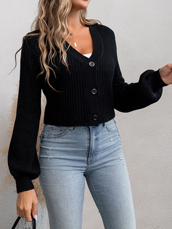 Long Sleeves Loose Buttoned Solid Color V-Neck Cardigan Tops