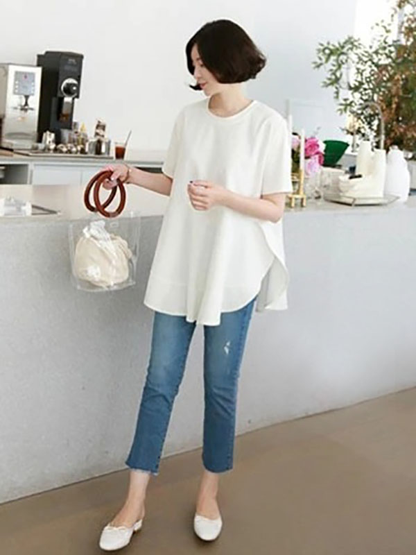 Casual Loose Split-Side Falbala Round-Neck T-Shirts Tops