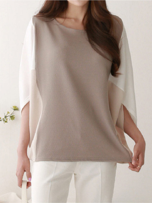 Batwing Sleeves Loose Contrast Color Split-Joint Round-Neck T-Shirts Tops