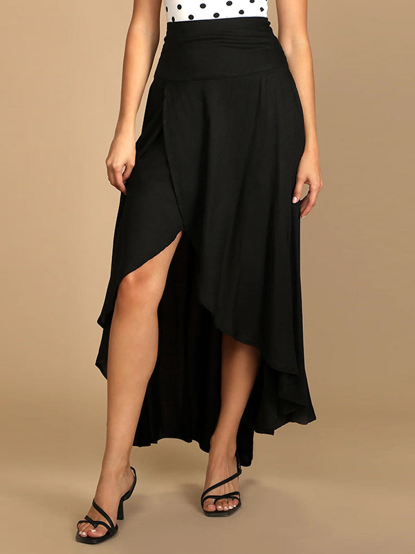 Simple  Asymmetric Split-Front Falbala Solid Color  Skirts Bottoms