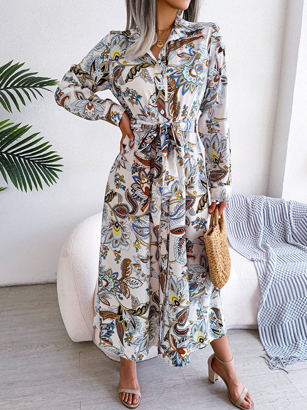 Long Sleeves Buttoned Flower Print Tied Waist Lapel Maxi Dresses