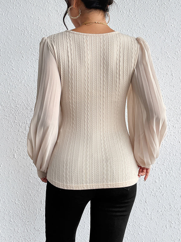 Long Sleeves Loose Pleated Solid Color Split-Joint Round-Neck T-Shirts Tops