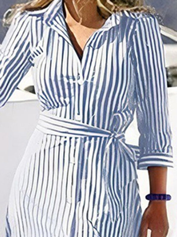 High Waisted Long Sleeves Buttoned Striped Tied Waist V-Neck Maxi Dresses Shirt Dress