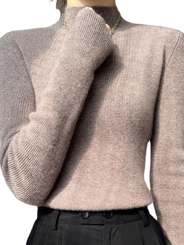 Casual Skinny Long Sleeves Solid Color Half Turtleneck Sweater Tops