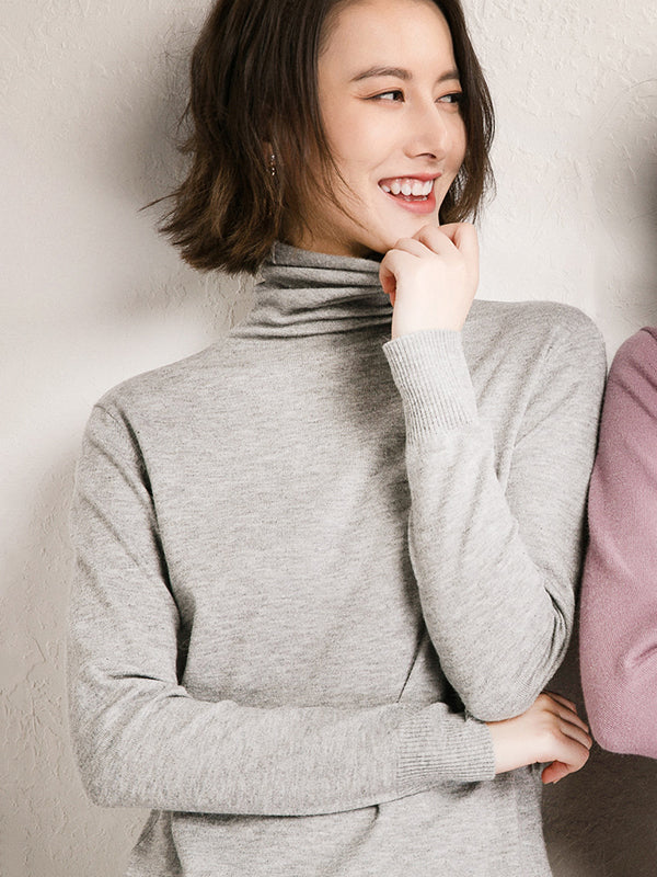 Simple Loose Long Sleeves Solid Color High-Neck Sweater Tops