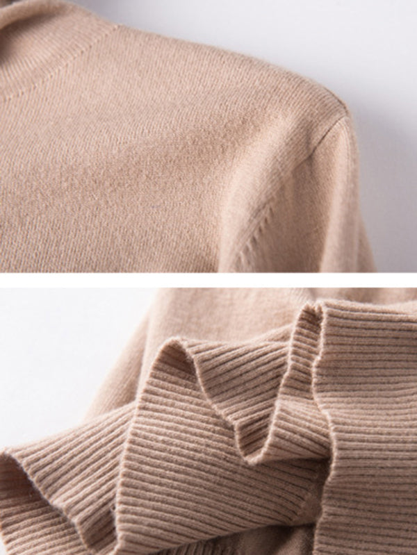 Simple Loose Long Sleeves Solid Color High-Neck Sweater Tops