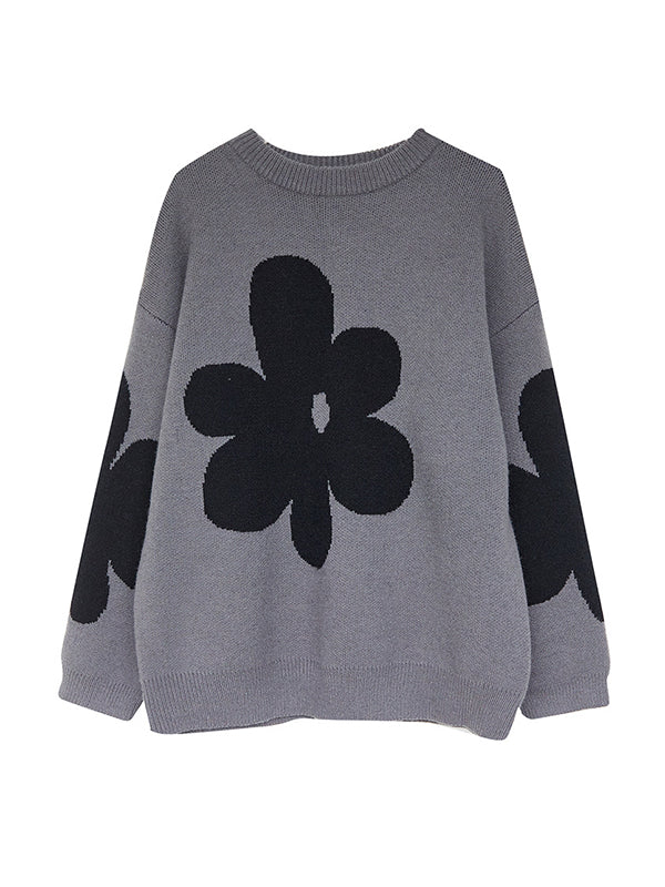 Casual Loose Long Sleeves Contrast Color Jacquard Round-Neck Sweater Tops