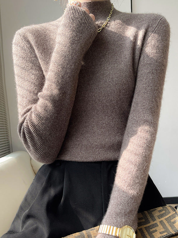 Casual Skinny Long Sleeves Solid Color Half Turtleneck Sweater Tops