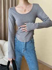 Long Sleeves Skinny Solid Color U-Neck T-Shirts Tops