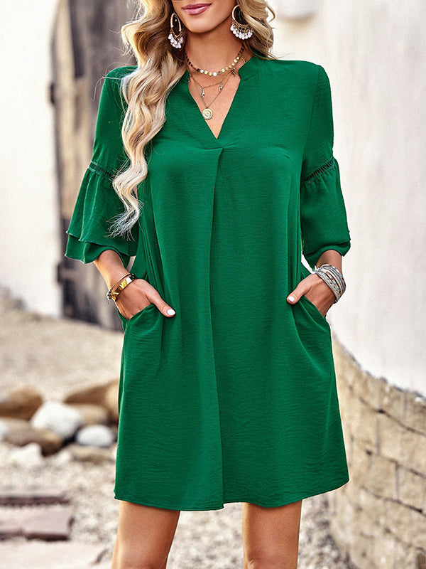 Flared Sleeves Loose Hollow Solid Color Split-Joint V-Neck Mini Dresses