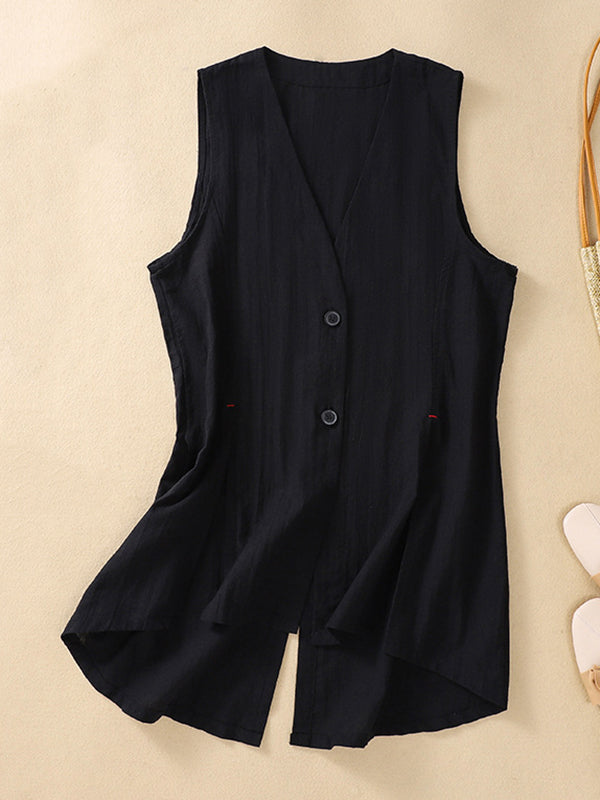 Loose Sleeveless Buttoned Solid Color V-Neck Vest Top