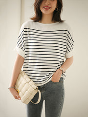 Urban Batwing Sleeves Loose Contrast Color Striped Knitting T-Shirt