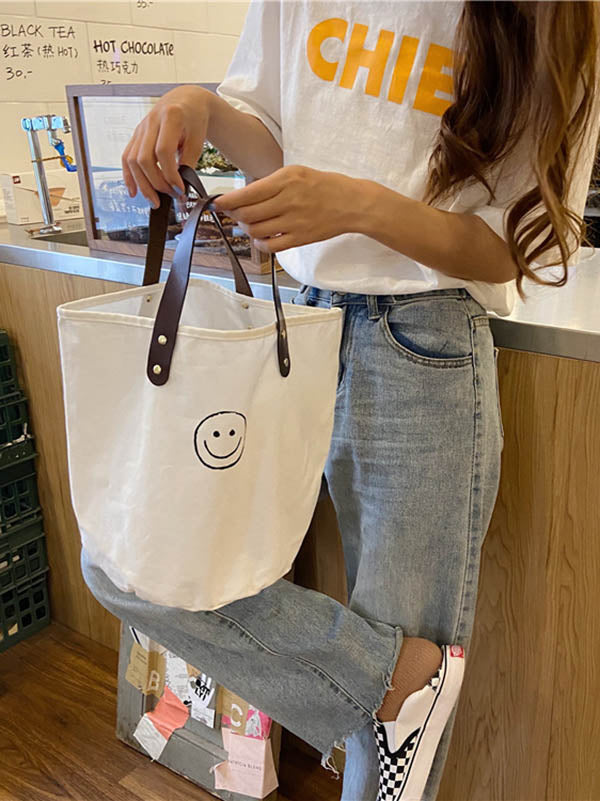 Vintage Canvas Smiling Face Printed Makeup Tote Bag Bucket Bag