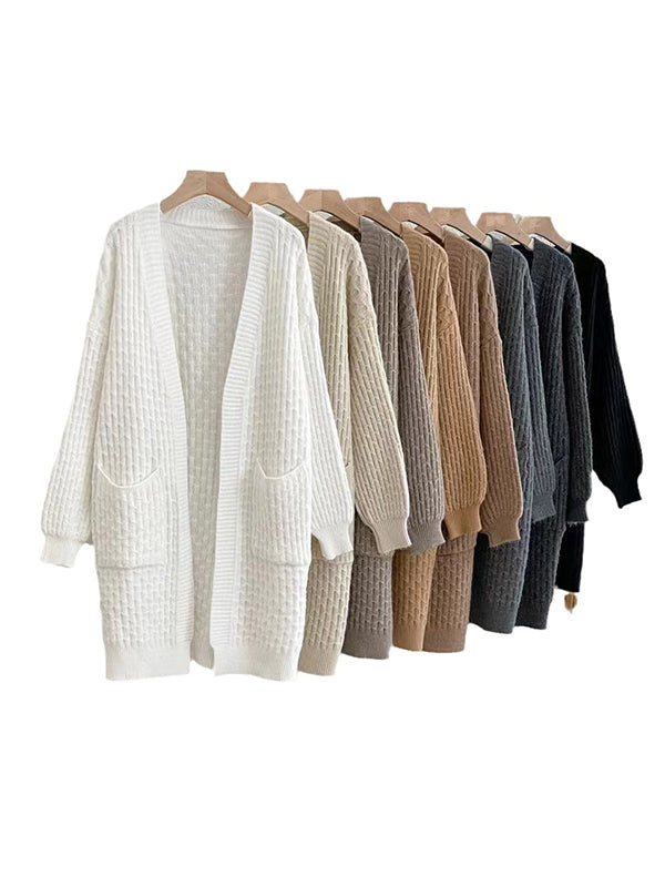 Long Sleeves Loose Pockets Solid Color Collarless Cardigan Tops