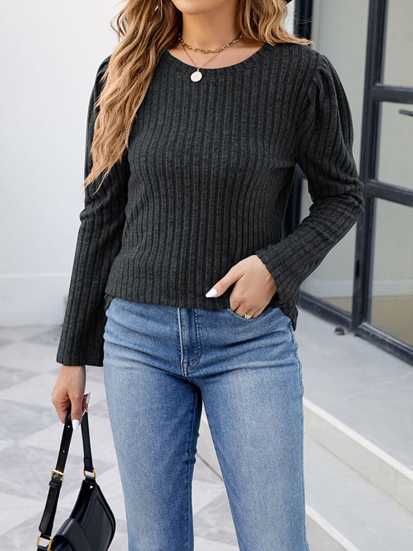 Long Sleeves Solid Color Round-Neck T-Shirts