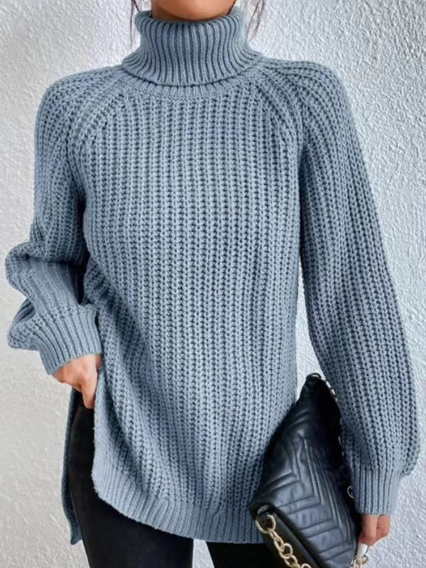 Long Sleeves Loose Solid Color Split-Side High Neck Pullovers Sweater Tops