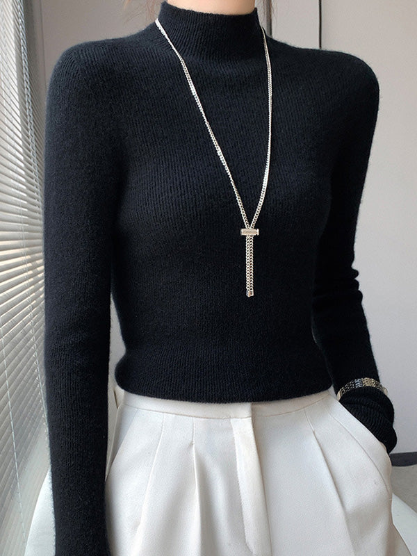 Casual Skinny Long Sleeves Solid Color Half Turtleneck Sweater Tops