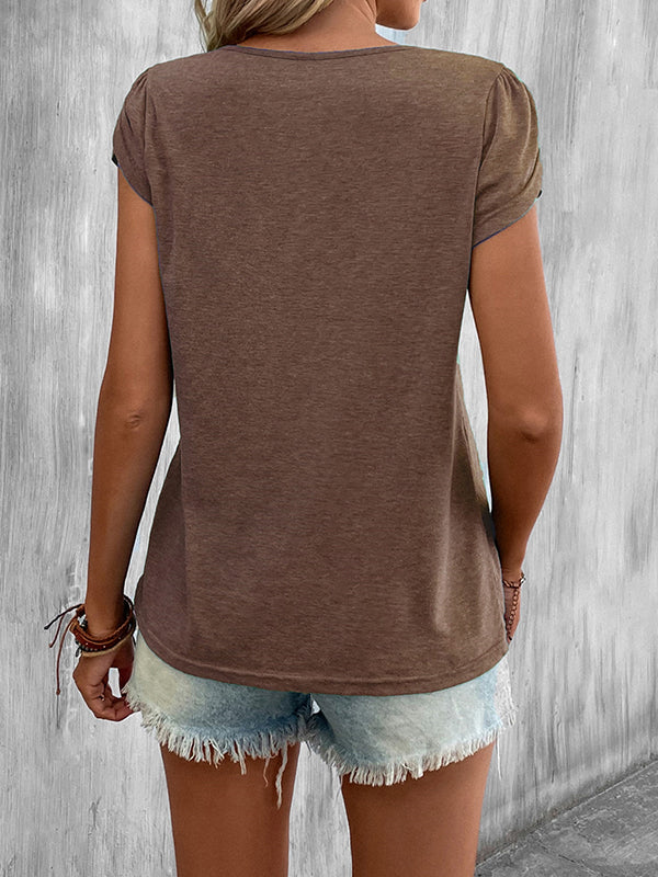 Loose Short Sleeves Solid Color V-Neck T-Shirts Tops