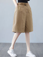 Artistic Retro Solid Color Wide Legs Belted High-Waisted Shorts