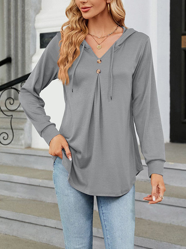 Long Sleeves Loose Buttoned Drawstring Hooded Solid Color V-Neck T-Shirts Tops