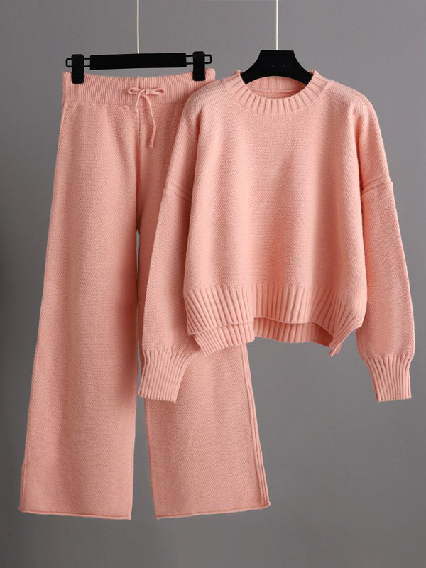 Urban Loose Long Sleeves Solid Color Round-Neck High-Low Sweater Tops & Wide Leg Pants Suits